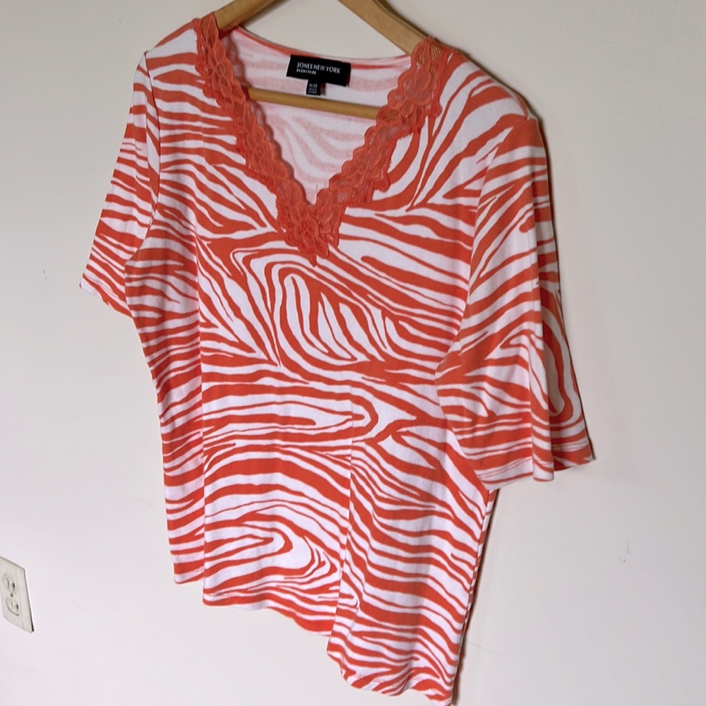 Jones New York Lacy Orange Zebra Top courtesy the 90s